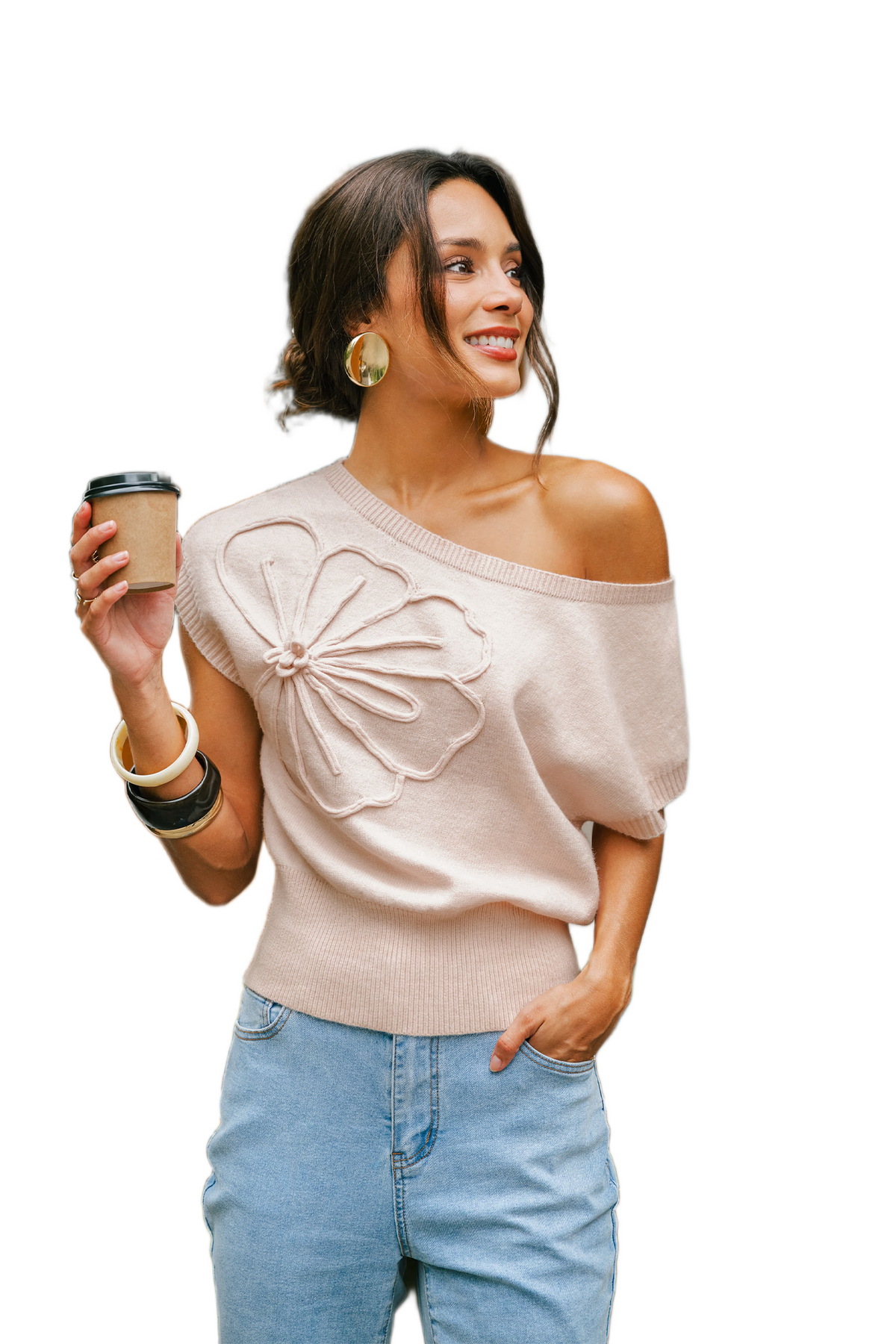 Veylora Secret Floral Off-Shoulder Knit Top in Beige