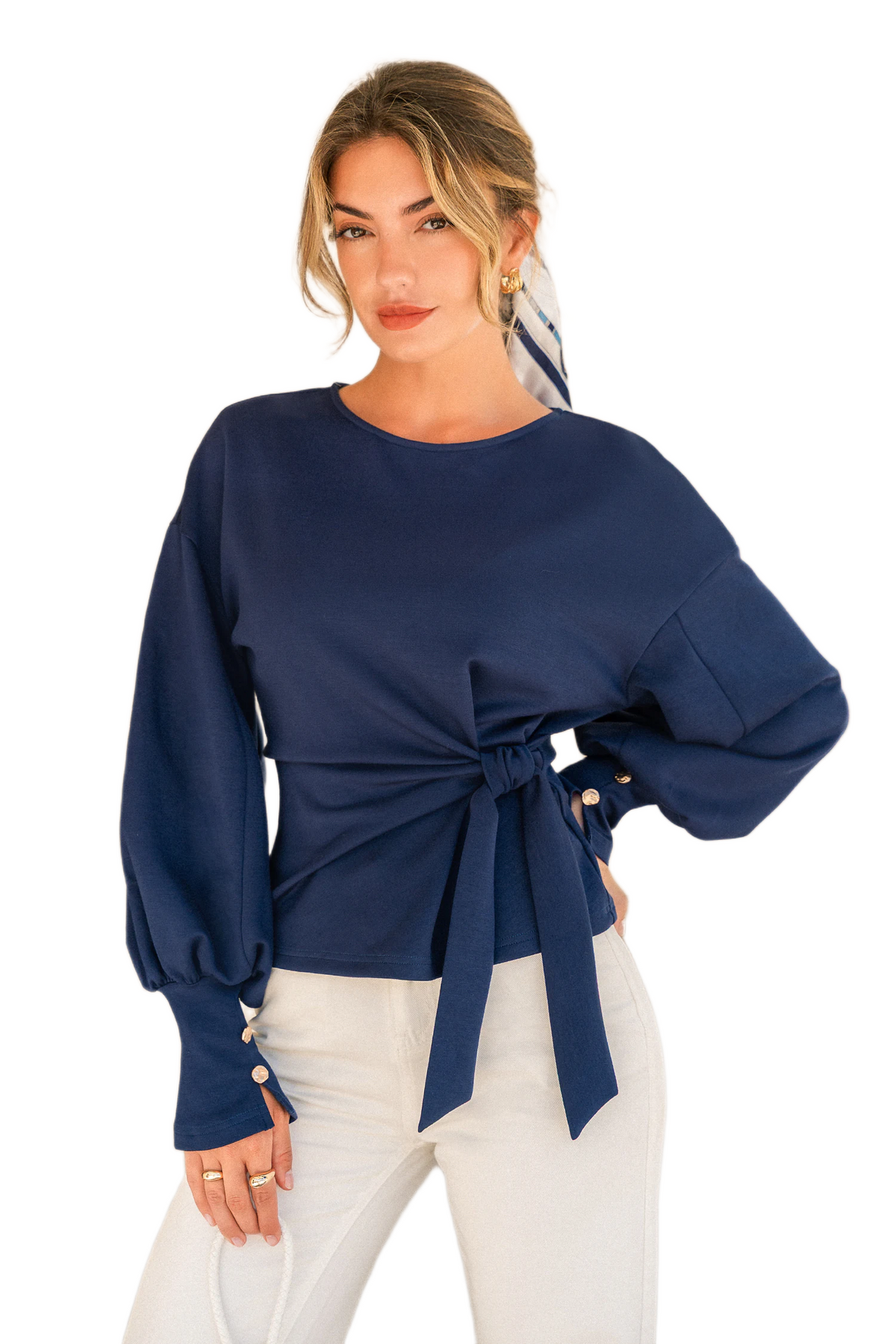 Veylora Secret Bow-Tie Puff Sleeve Top in Navy Blue
